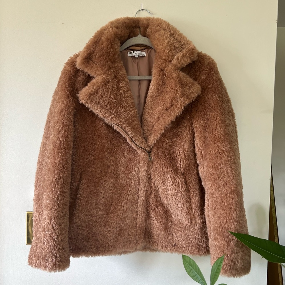 ONE / THIRD Brown/Camel Faux Fur Asymmetrical Moto Teddy Jacket, XS